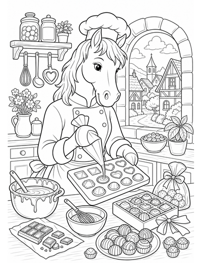Horse Chocolatier In A Village Kitchen printable coloring page from the horse coloring pages collection