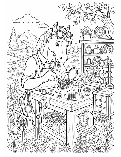 Horse Clockmaker In A Meadow Workshop printable coloring page from the horse coloring pages collection