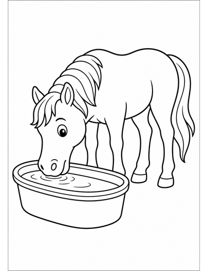 Horse Drinking Water From A Trough printable coloring page from the horse coloring pages collection
