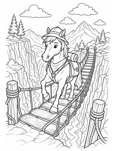 Horse Explorer At A Canyon Rope Bridge printable coloring page from the horse coloring pages collection