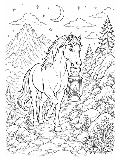 Horse Exploring A Lantern-Lit Mountain Trail printable coloring page from the horse coloring pages collection