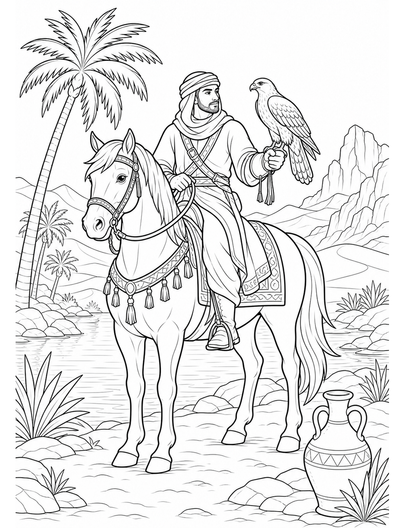 Horse Falconer At Desert Oasis printable coloring page from the horse coloring pages collection