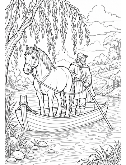 Horse Ferryman At A Willow River Crossing printable coloring page from the horse coloring pages collection