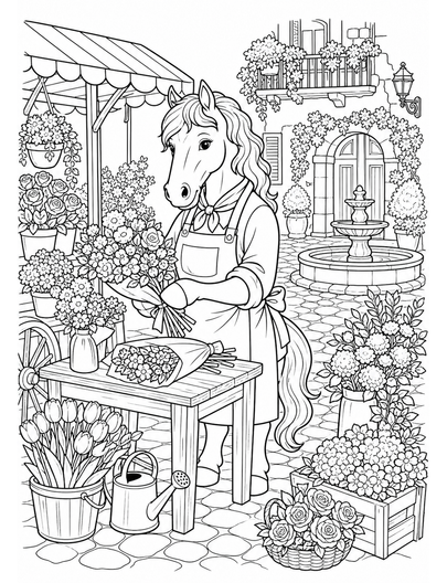 Horse Florist At A Cobblestone Courtyard printable coloring page from the horse coloring pages collection