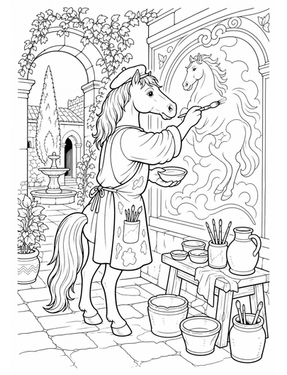 Horse Fresco Painter In A Courtyard Atelier printable coloring page from the horse coloring pages collection