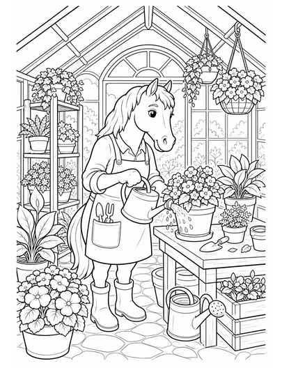Horse Gardener In A Greenhouse printable coloring page from the horse coloring pages collection