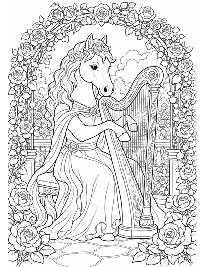 Horse Harpist In A Rose Arbor printable coloring page from the horse coloring pages collection