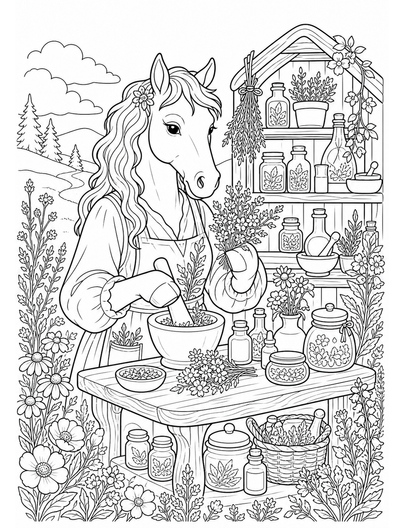 Horse Herbalist In A Wildflower Apothecary printable coloring page from the horse coloring pages collection