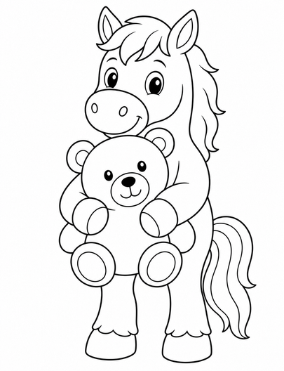 Horse Holding A Big Teddy Bear printable coloring page from the horse coloring pages collection