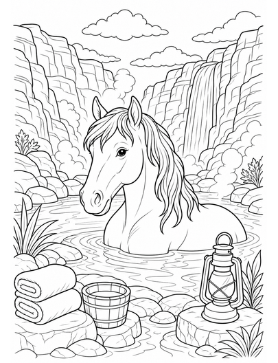 Horse In A Canyon Hot Spring Retreat printable coloring page from the horse coloring pages collection