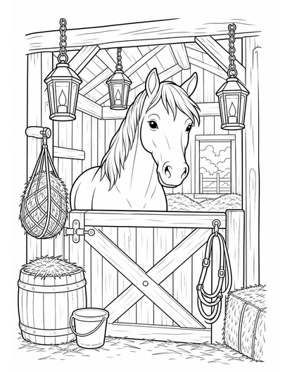 Horse In A Cozy Stable With Hanging Lanterns printable coloring page from the horse coloring pages collection
