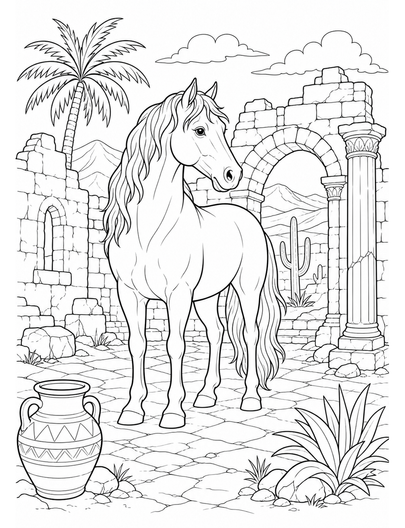 Horse In A Desert Ruins Courtyard printable coloring page from the horse coloring pages collection