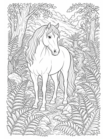 Horse In A Fern-Filled Woodland Glen printable coloring page from the horse coloring pages collection