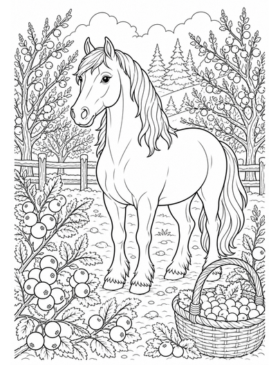 Horse In A Frosted Berry Orchard printable coloring page from the horse coloring pages collection