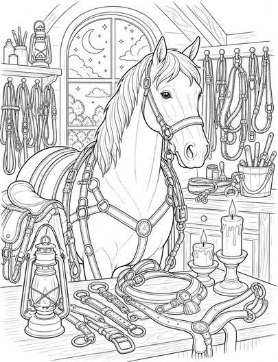 Horse In A Moonlit Harness Studio printable coloring page from the horse coloring pages collection
