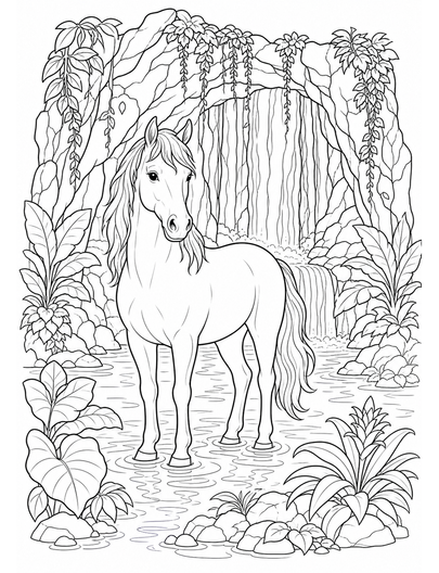 Horse In A Rainforest Waterfall Grotto printable coloring page from the horse coloring pages collection