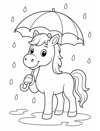 Horse In A Rainy Meadow With Umbrella printable coloring page from the horse coloring pages collection