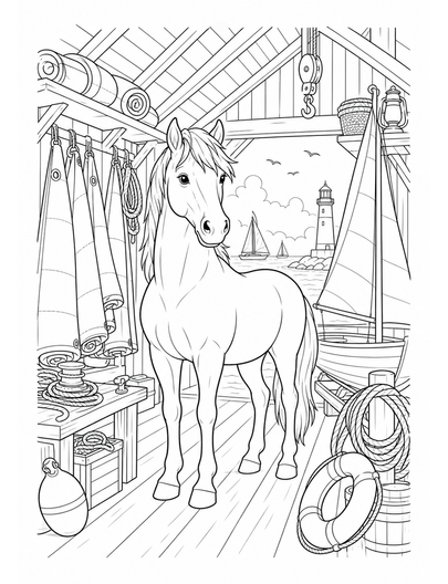 Horse In A Seaside Sail Loft printable coloring page from the horse coloring pages collection