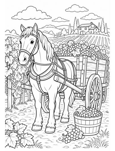 Horse In A Vineyard Harvest Wagon printable coloring page from the horse coloring pages collection