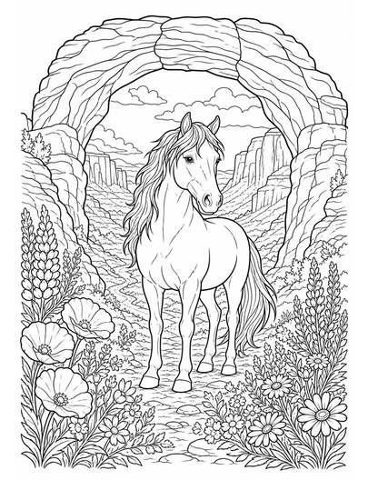 Horse In A Wildflower Canyon Archway printable coloring page from the horse coloring pages collection