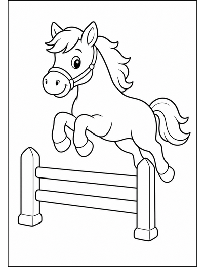 Horse Jumping Over A Small Fence printable coloring page from the horse coloring pages collection