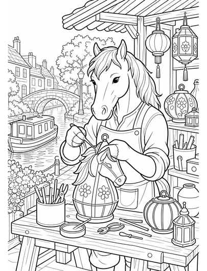 Horse Lantern Maker At A Canal Workshop printable coloring page from the horse coloring pages collection