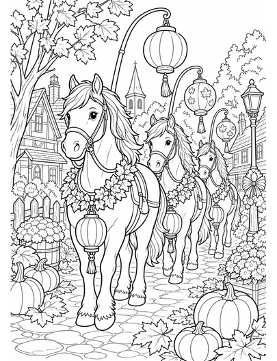 Horse Lantern Parade In Autumn Village printable coloring page from the horse coloring pages collection