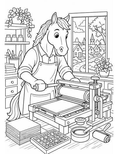 Horse Letterpress In A Village Print Shop printable coloring page from the horse coloring pages collection