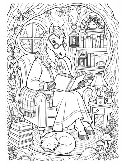 Horse Librarian In A Forest Reading Nook printable coloring page from the horse coloring pages collection