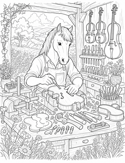 Horse Luthier In A Meadow Workshop printable coloring page from the horse coloring pages collection