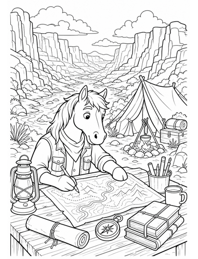 Horse Mapmaker In A Canyon Camp printable coloring page from the horse coloring pages collection