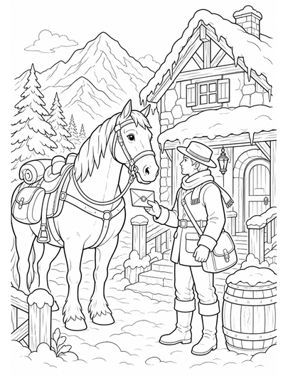Horse Messenger At A Snowy Mountain Inn printable coloring page from the horse coloring pages collection