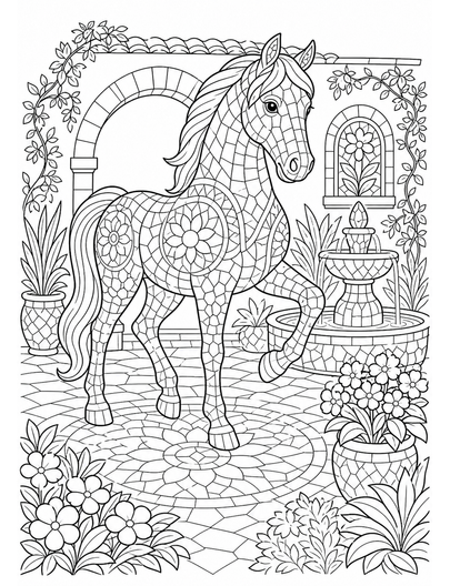 Horse Mosaic Garden Courtyard printable coloring page from the horse coloring pages collection