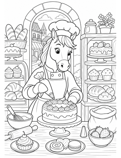 Horse Pastry Chef In A Village Bakery printable coloring page from the horse coloring pages collection