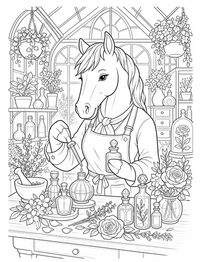 Horse Perfumer In A Glasshouse Atelier printable coloring page from the horse coloring pages collection