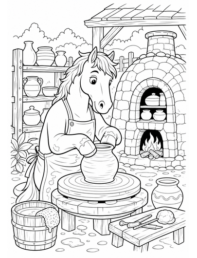 Horse Potter At A Rustic Kiln printable coloring page from the horse coloring pages collection
