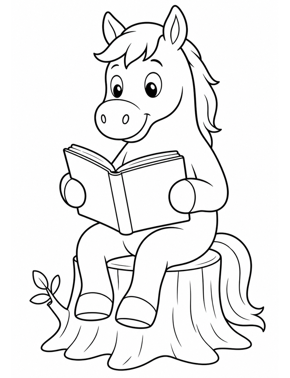 Horse Reading A Storybook On A Stump printable coloring page from the horse coloring pages collection