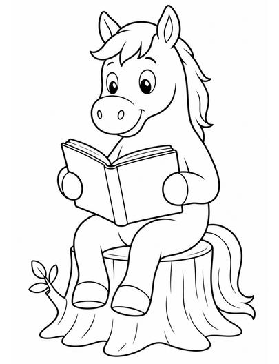 Horse Reading A Storybook On A Stump printable coloring page from the horse coloring pages collection