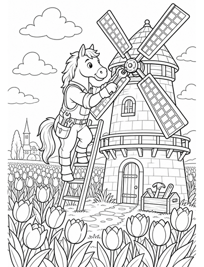 Horse Repairing A Windmill In A Tulip Field printable coloring page from the horse coloring pages collection