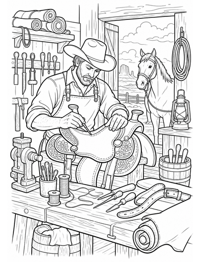 Horse Saddlemaker In A Frontier Workshop printable coloring page from the horse coloring pages collection
