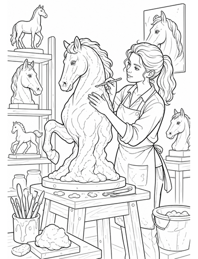 Horse Sculptor In A Clay Studio printable coloring page from the horse coloring pages collection