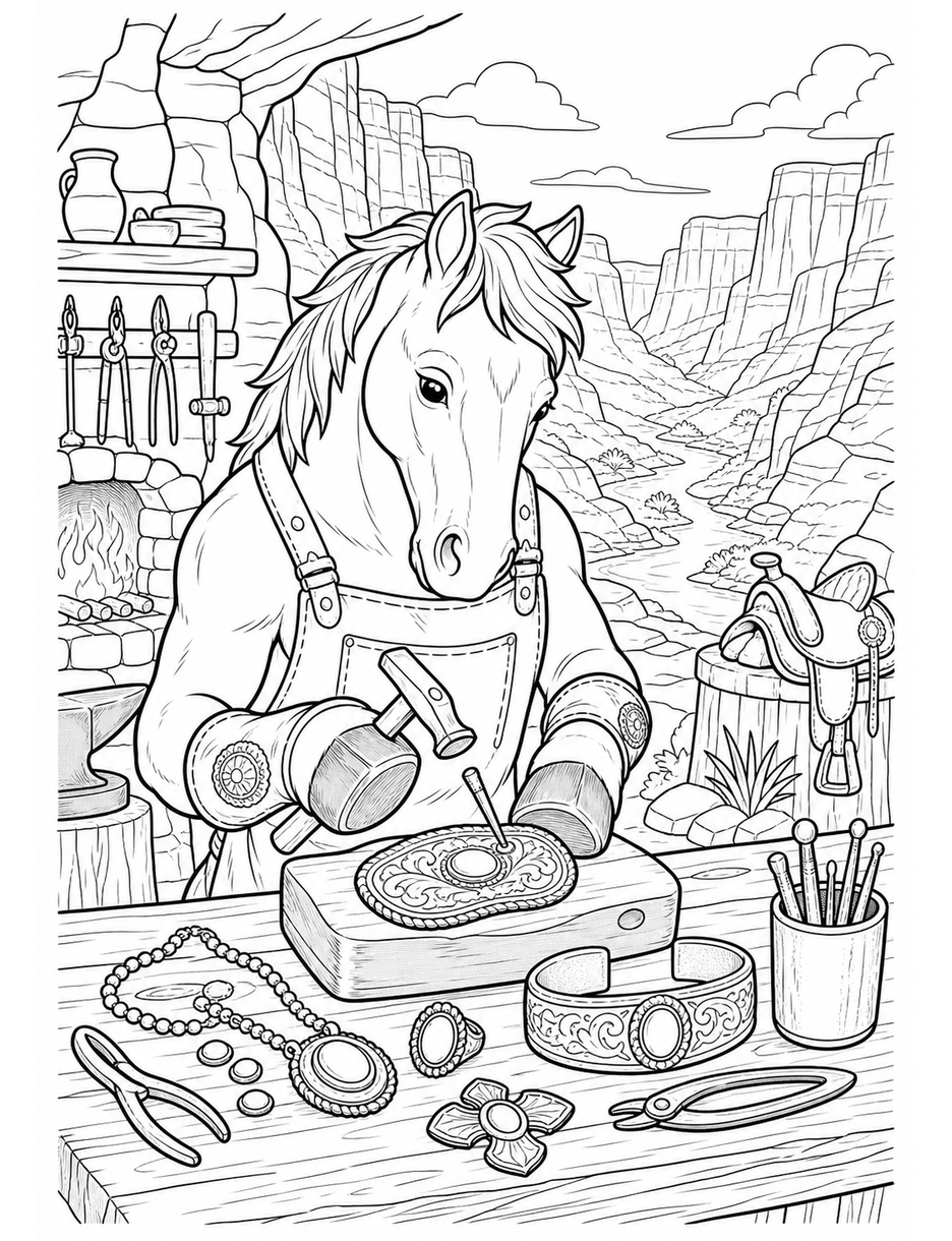Horse Silversmith In A Canyon Workshop printable coloring page from the horse coloring pages collection