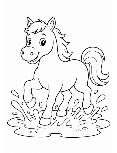 Horse Splashing In A Shallow Puddle printable coloring page from the horse coloring pages collection