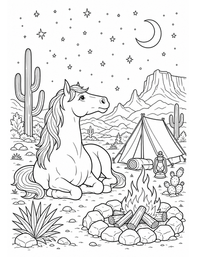 Horse Stargazing Beside A Desert Campfire printable coloring page from the horse coloring pages collection