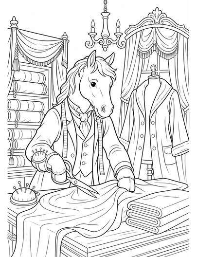 Horse Tailor In A Velvet Drapery Shop printable coloring page from the horse coloring pages collection