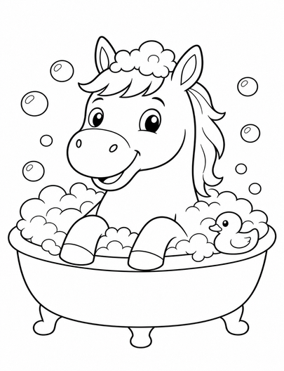 Horse Taking A Bubble Bath printable coloring page from the horse coloring pages collection