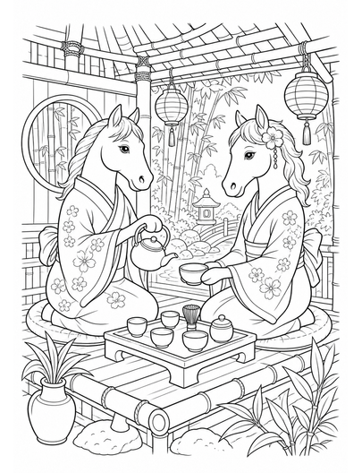 Horse Tea Ceremony In A Bamboo Pavilion printable coloring page from the horse coloring pages collection