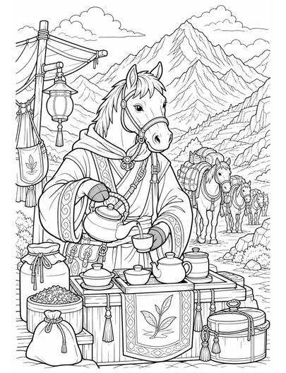 Horse Tea Merchant In A Mountain Caravan printable coloring page from the horse coloring pages collection
