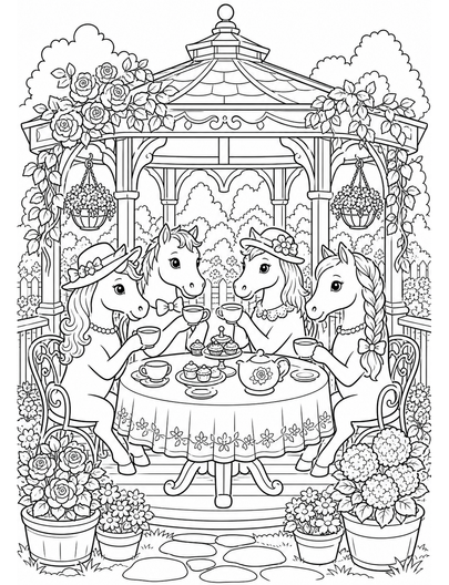 Horse Tea Party In Garden Gazebo printable coloring page from the horse coloring pages collection