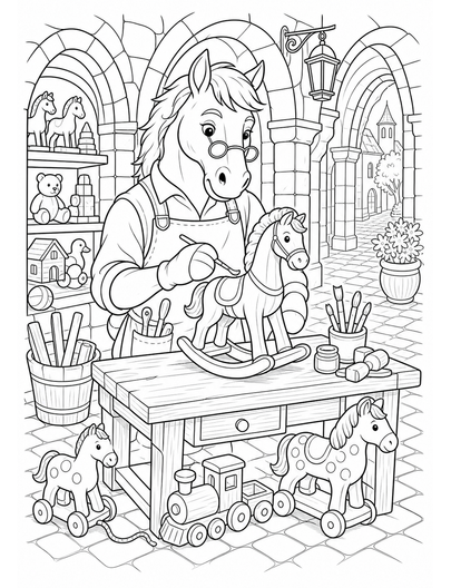 Horse Toymaker In A Cobblestone Arcade printable coloring page from the horse coloring pages collection